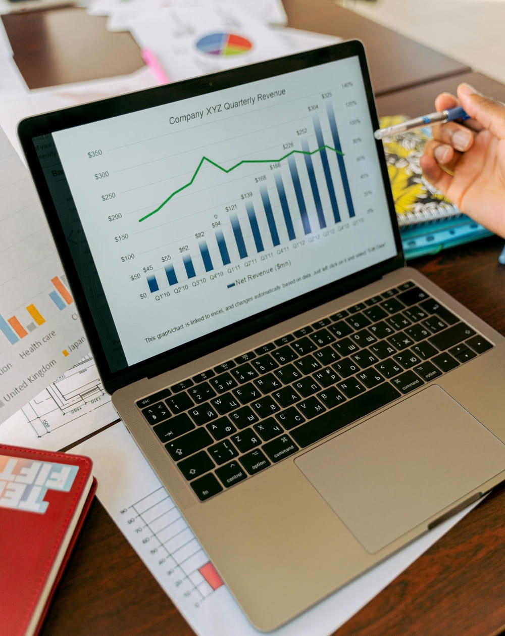 Laptop displaying business revenue growth charts and financial data analysis on a desk, representing performance tracking and business analytics.