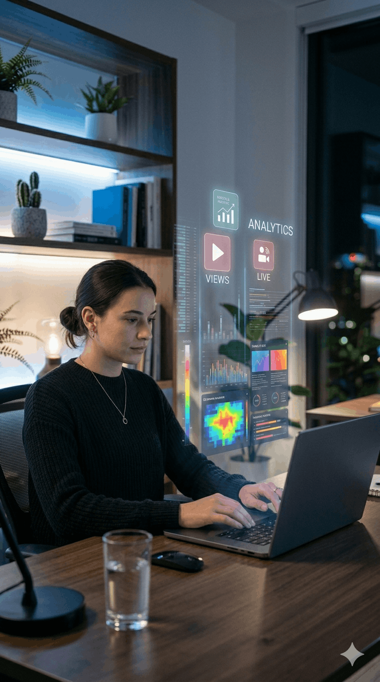 Content professional working on a laptop with floating analytics and engagement dashboards in a modern workspace, representing content writing, audience insights, and digital content strategy.
