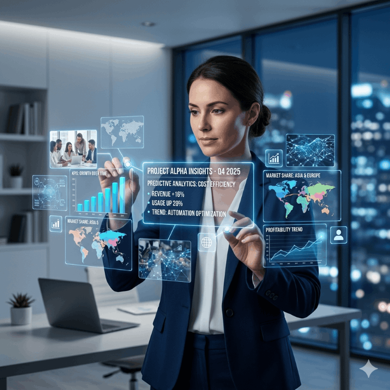 Business professional interacting with futuristic AI-powered analytics dashboards and data visualizations in a modern office, representing generative AI, predictive analytics, and intelligent automation.