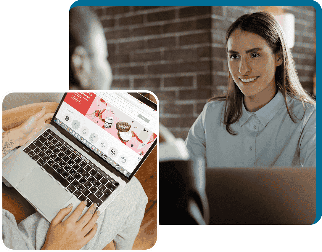 Smiling professional in a meeting beside an inset image of a laptop displaying an e-commerce website interface.