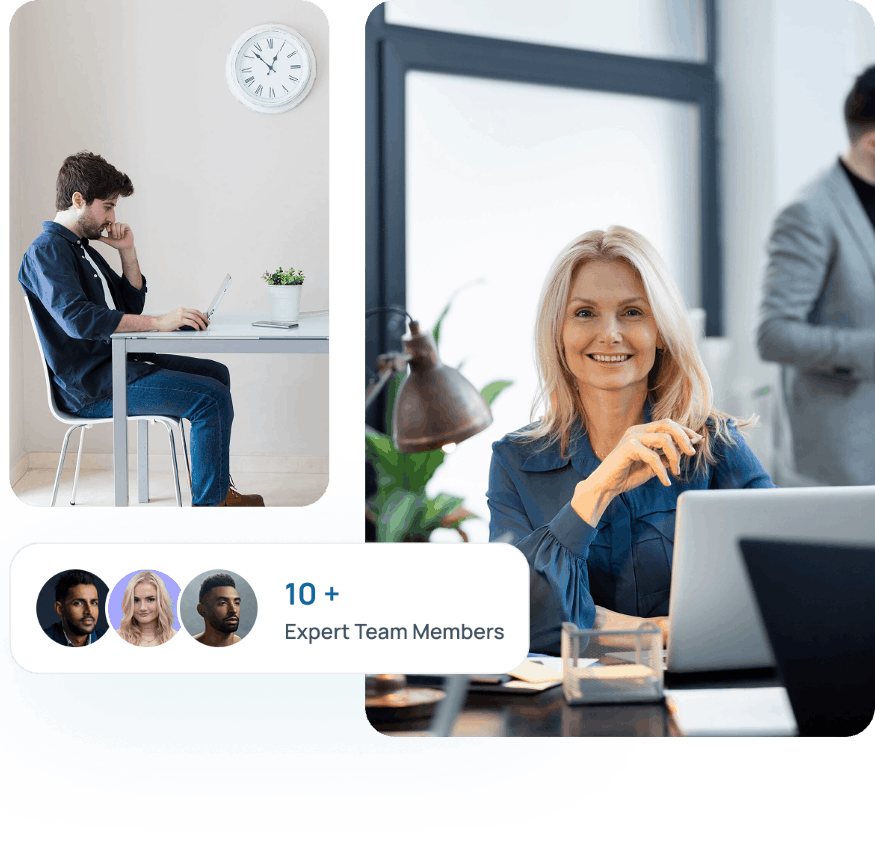 Professional business team members working together in a modern office environment